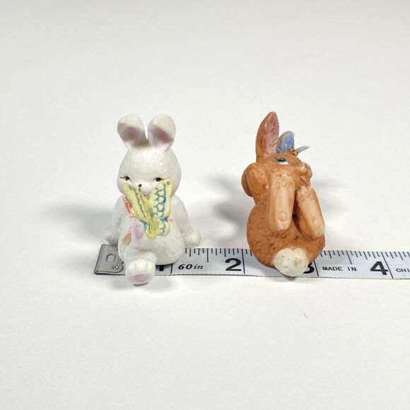 Vtg Porcelain Mini Rabbit Figurines Butterfly White Brown Bunny Matte Ceramic - Picture 4 of 11